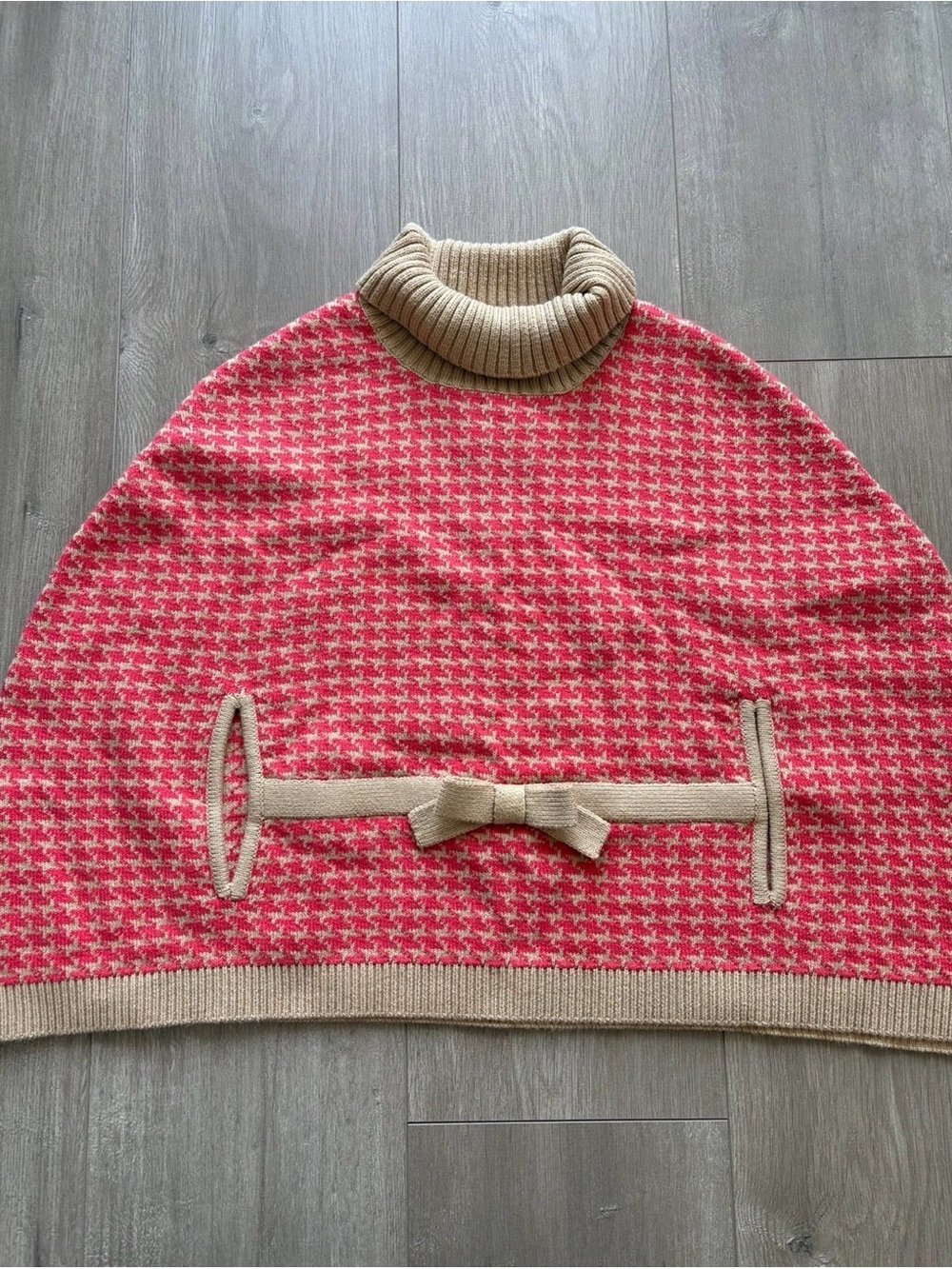 Janie and Jack pink and beige houndstooth knit poncho with turtleneck